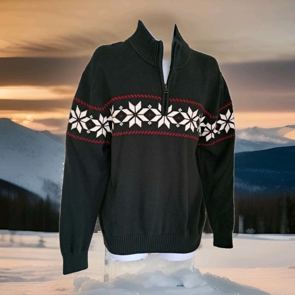 Weatherproof Vintage‎ Sweater XL Green Fair Isle Print 1/4 Zip Pullover Holiday
